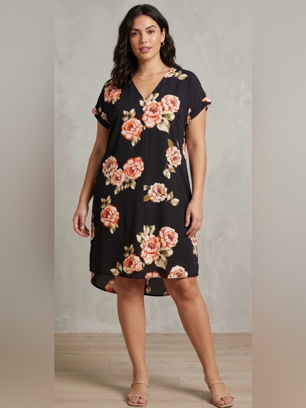 A New Day Floral Shift Dress XL Black Rose V-Neck Cuffed Sleeve High Low
